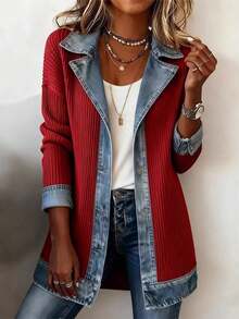 Women's Patchwork Design Coat, New Autumn Arrival, Elegant Slim Fit Long Sleeve, European & American Style - Đỏ - Xem 1