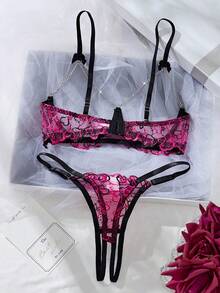 Conjunto de ropa interior con bordado en forma de corazón negro y rojo, sujetador de malla bordada semi transparente y sexy - Negro - Ver 3