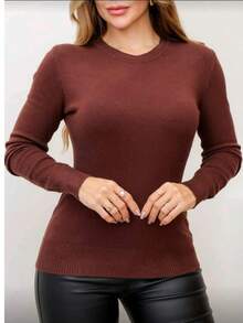 Women's Basic Long-Sleeve Knit Sweater, Plain, Winter - Marrón - Ver 2