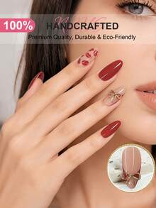 10片法式手工杏仁形美甲贴纸，渐变亚克力假指甲贴纸，DIY美甲贴纸套装，Y2K全息风格，纯色裸色、粉色、酒红色，唇印、蝴蝶结、爱心图案，光滑表面，全覆盖假指甲，可重复使用的美甲用品，适用于美甲沙龙、女孩和女士日常美甲、节日派对和礼物、情人节礼物、女孩礼物、美甲套装、美甲用品 - 彩色 - 查看 5