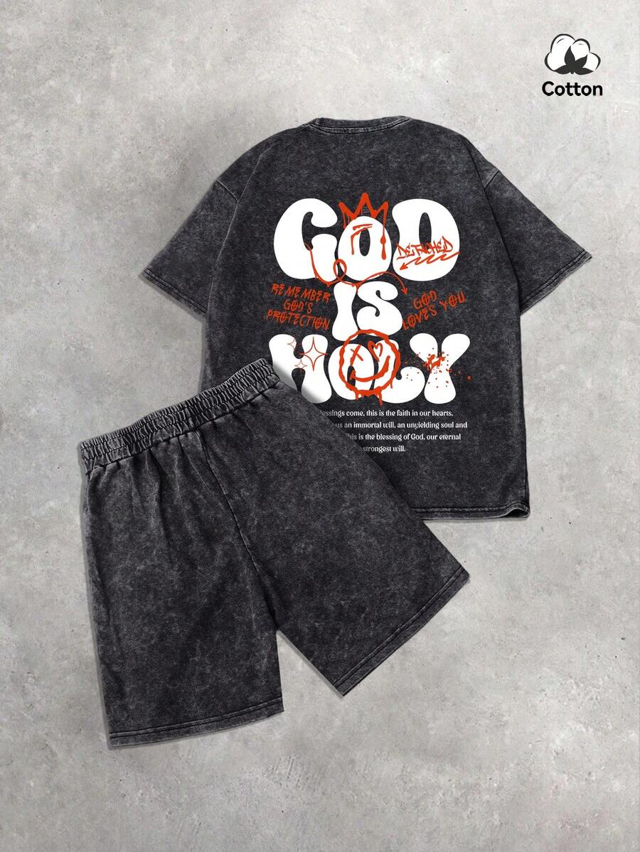 Hemo 男士街头风印花T恤短裤套装，弹力水洗黑色休闲日常两件套，夏季 - 黑色 - 查看 1