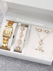 6件套女士礼品套装：方形罗马数字表盘石英表+心形水钻首饰套装（套装不含手表） - 金色 - 查看 1