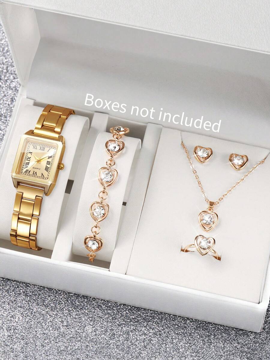 6件套女士礼品套装：方形罗马数字表盘石英表+心形水钻首饰套装（套装不含手表） - 金色 - 查看 1