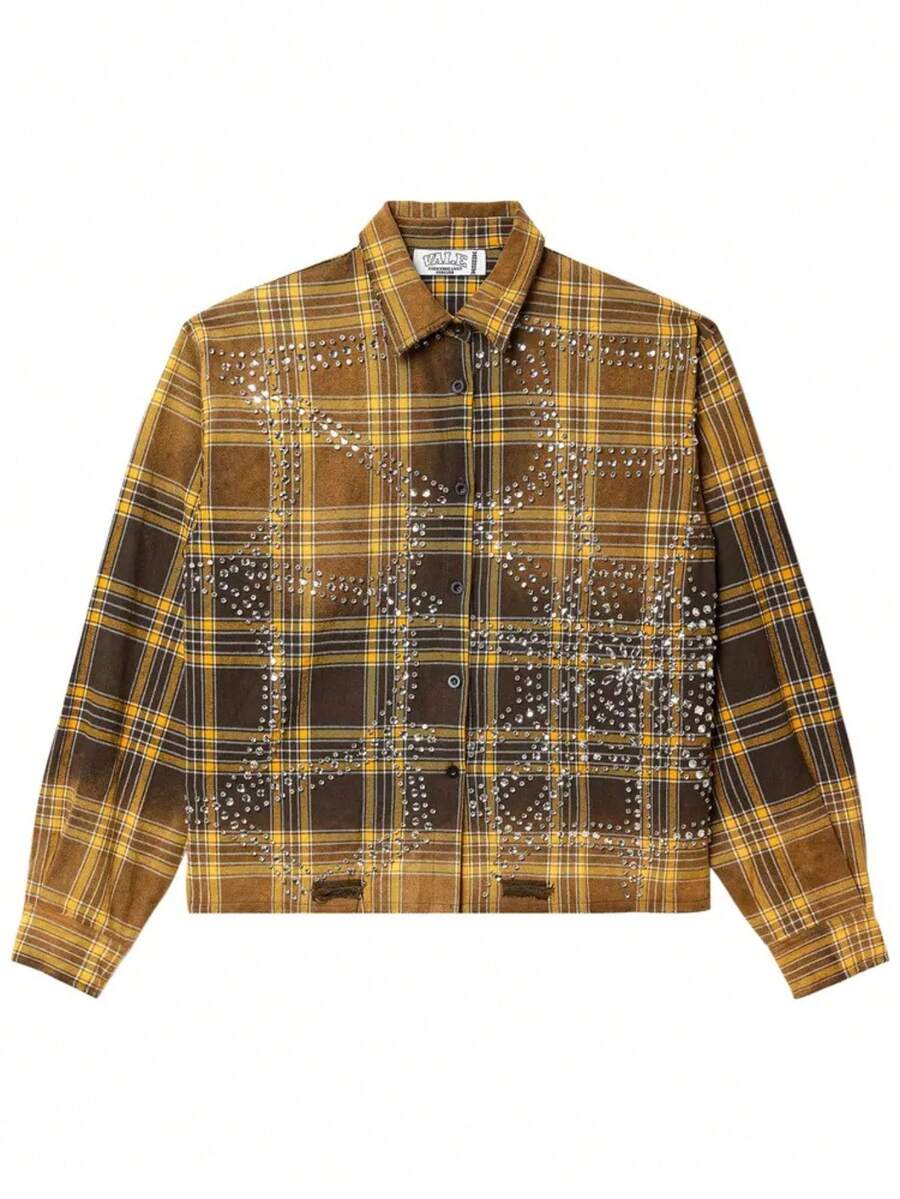Street Life Spring Casual Graphic Men'S Shirt With Rhinestone Plaid Pattern, Long Sleeve, Streetwear American Style - 黃色 - 查看 1