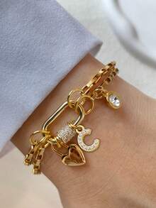 1pc Gold Letter Bracelet, White Diamond Screw Clasp Chain, Stainless Steel Chain, Fashionable Multi-Pearl Bracelet, Unique Luxury Women Bracelet - Yellow Gold - View 8