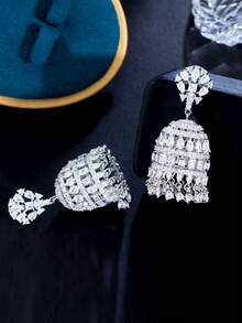 1对精美垂坠式大颗立方氧化锆奢华长款吊灯式新娘婚礼耳环，女士款 - 白色 - 查看 6