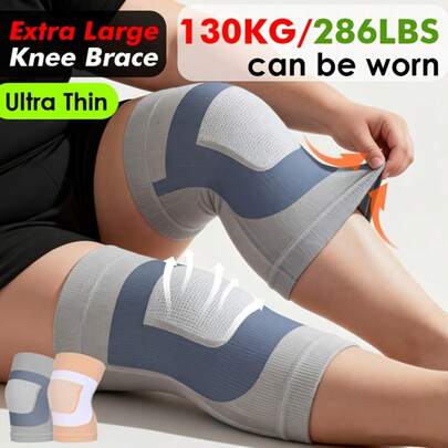 RPPR 2 piezas/ 1 par - Rodilleras de compresión extra grandes y ultradelgadas de punto elástico, mangas para rodillas transpirables y cómodas de talla grande, soporte para rodillas extra grande para hombres y mujeres, azul/amarillo adecuado para un peso de hasta 286 lb/130 kg