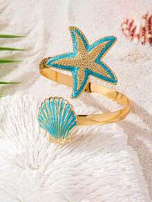 休闲时尚不对称海星贝壳手链，适合女性日常佩戴和海滩度假穿着 - 金色 - 查看 7