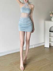 Top Dazzle 女士优雅透视网纱露背吊带夜店连衣裙，天蓝色无袖针织迷你裙，露背设计，派对完美之选 - 藍色 - 查看 4