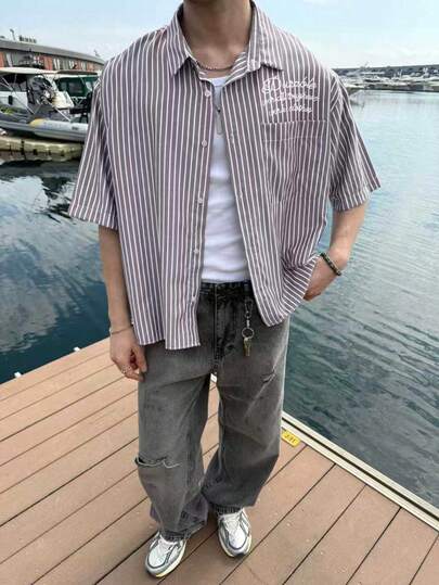 Men's Urban Striped Shirt, Loose Gray & White Vertical Striped Top, Embroidered Letter Decor Casual Summer Streetwear