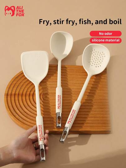 1 Set Authorized Silicone Spoon With Stainless Steel Core, Includes Non-Stick Pot Ladle, Soup Spoon, Spatula And Other Kitchen Accessories, Suitable For Beginner Silicone Cooking Kitchen Set