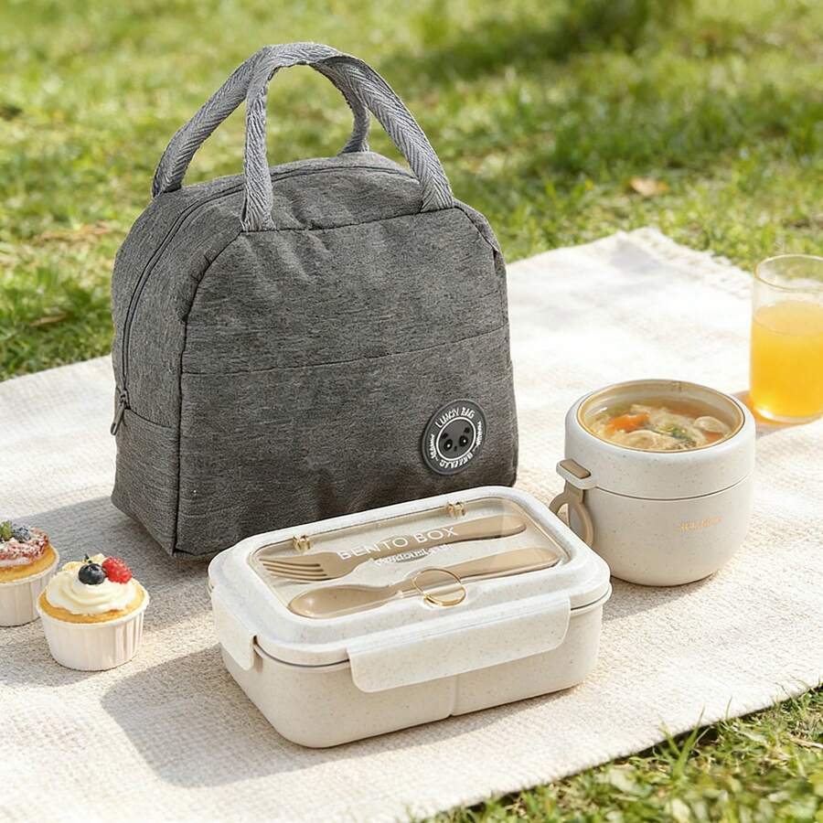 三件套午餐套装：便当盒、保温袋和便携式汤碗，适合办公室和户外使用。