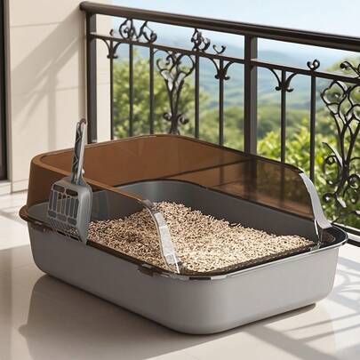 2026新款现代半封闭式猫砂盆，带防溅罩和猫砂铲，适合中型猫，采用耐用聚丙烯材料制成，易于清洁，价格实惠，是新手入门的理想选择。