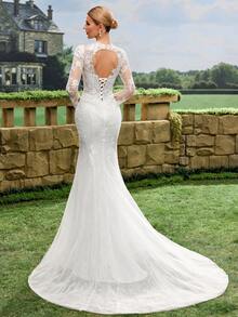 White Applique Mesh Patchwork Zipper Fitted Elegant Long Sleeve Wedding Dress - White - View 3