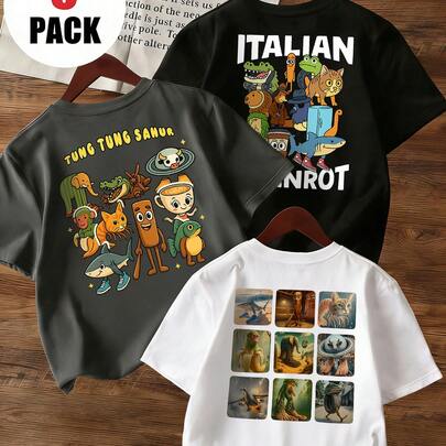 3件套 青少年男童休闲印花圆领短袖T恤，夏季上衣