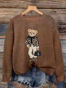 Camiseta casual y cálida de mujer con estampado de oso de lana sintética - Marrón - Ver 3