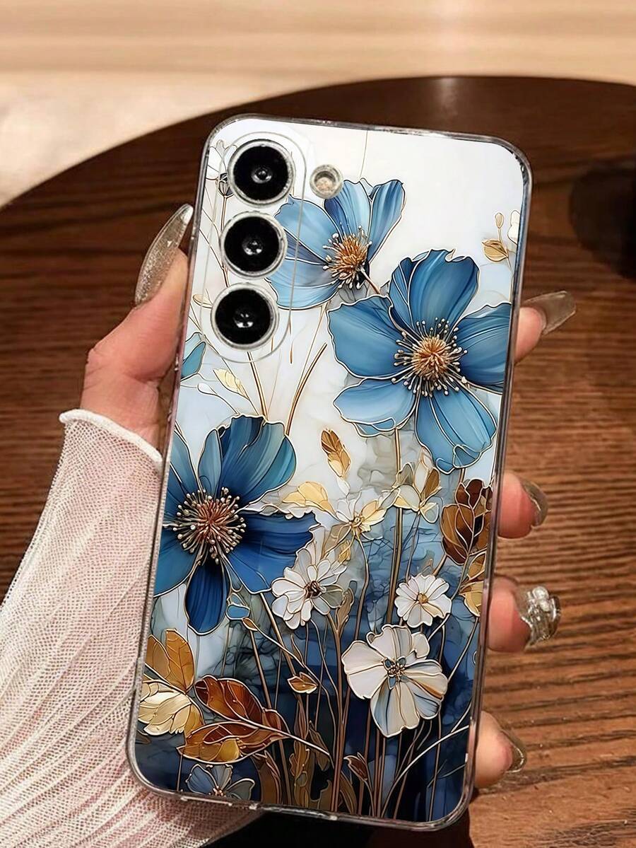 1pc Creative Blue Flower Design Transparent Soft Phone Case, Compatible With Samsung Galaxy A04e/12/A13/A14/A34/A50/A52/A53/A54/S21/S22/S23/S24/S25/S25Ultra,International Version, Not The Domestic Version - Clear - View 1