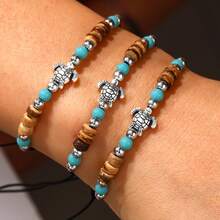 12pcs Ocean Inspired Natural Stone & Sea Turtle Bracelet Set, With Faux Sea Turtle, Sea Star And Shell Charms - Silver Plated, Studded With Rhinestones - Perfect Gift For Women - Ocean Inspired Natural Stone and Turtle Bracelet Set Of 12 - View 3