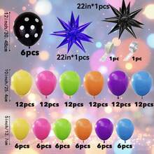 Bộ vòng cung bóng bay neon 118 mảnh này bao gồm các bóng bay màu cam, xanh lá cây, xanh dương, hồng đậm, vàng, tím và chấm bi đen, hoàn hảo cho các bữa tiệc theo chủ đề neon thập niên 80 và 90, lễ kỷ niệm sinh nhật cầu vồng, phông nền tiệc disco, đám cưới và lễ tốt nghiệp. - Xem 6