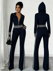 Mono de punto para mujer con capucha y diseño de cremallera, silueta favorecedora, patrón de rayas, tela elástica, casual/deportivo, elegante, apropiado para ir al trabajo, pierna acampanada, estilo de pasarela con cremallera de contraste a los lados - Azul Marino - Ver 1