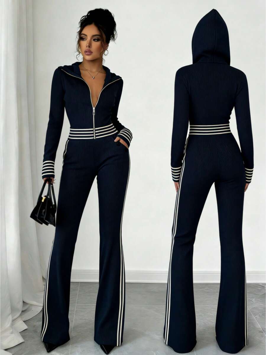 Mono de punto para mujer con capucha y diseño de cremallera, silueta favorecedora, patrón de rayas, tela elástica, casual/deportivo, elegante, apropiado para ir al trabajo, pierna acampanada, estilo de pasarela con cremallera de contraste a los lados - Azul Marino - Ver 1
