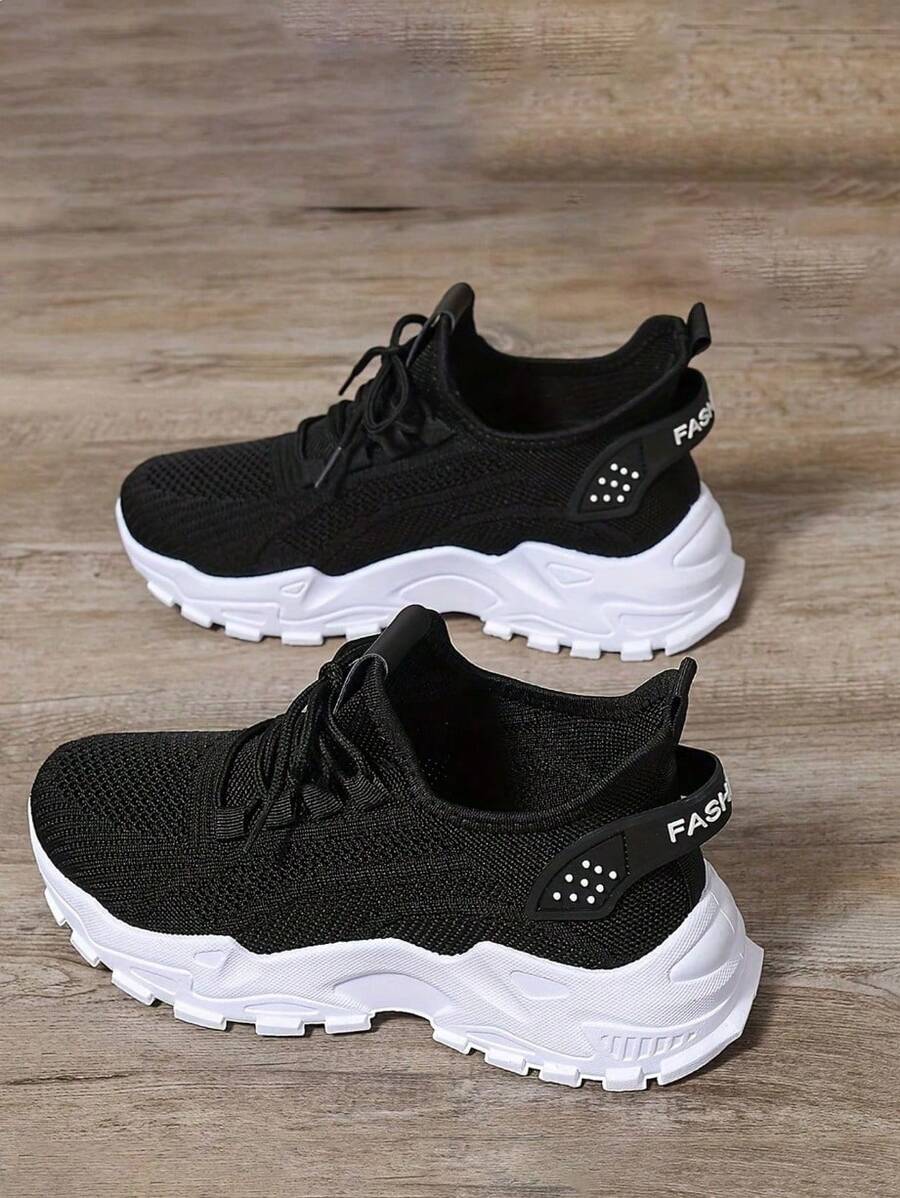 [Comfortable Sports Shoes] Lightweight And Comfortable Women's Breathable Knitted Sports Shoes, Low-Top Running Shoes With Soft Soles, Suitable For All Seasons. - 黑色 - 查看 1
