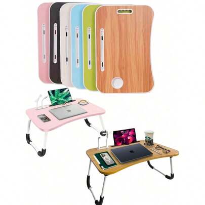 Mesa De Cama  De Servicio Plegable De Madera, Para Laptop y Porta Vasos Con Luz Led y Ventilador