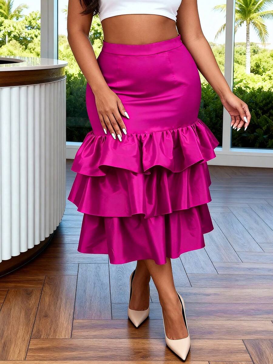 女士优雅紫红色荷叶边高腰喇叭裙，休闲夏季生日派对连衣裙 - 玫紅色 - 查看 1