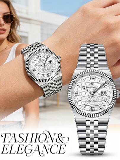 POEDAGAR 1pc Women's Elegant Silver Stainless Steel Quartz Watch With Date, Ladies Luxury Luminous Waterproof Wristwatch, Comes With Gift Box, Suitable For Business And Casual Wear, Women's Gift