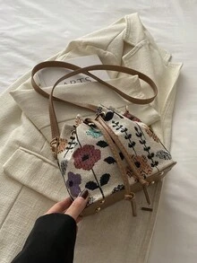 Mini Floral Drawstring Bucket Bag, Versatile Shoulder/Crossbody/Backpack Bag For Party & Casual Wear - Beige - View 8