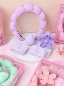 2/5pcs Set Women Sponge SPA Headband, Wristband And Big Flower Hair Clip Gift Set, Exquisite Packaging, Suitable For Party, Gift And Daily Use - Multicolor - View 7