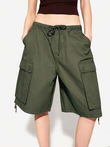 Baggy Cargo Pants For Women High Waist Wide Leg Baggy Shorts Y2K Casual Athletic Lightweight Hiking Capri Shorts With Pockets - màu xanh lá - Xem 7
