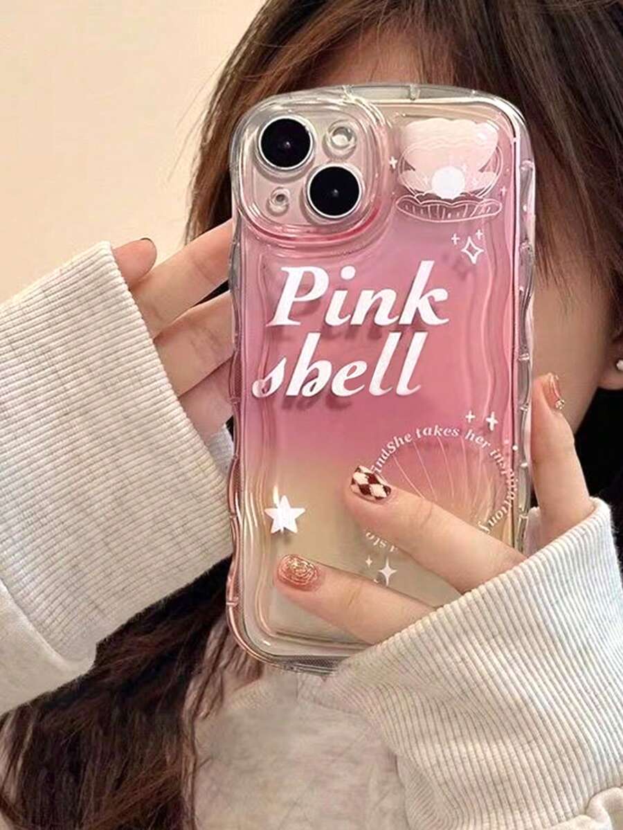 透明波浪气垫粉色扎染渐变字母外壳防震全包手机壳，适用于 11/12/13/14/15/16/17/PROMAX - 粉色 - 查看 1