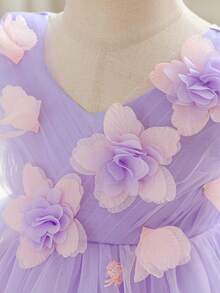 Baby Girls V-Neck 3D Floral Embroidered Mesh Princess Dress, Suitable For Birthday Party, Flower Girl, Wedding, Excluding Headband - 淡紫色 - 查看 7