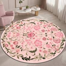 Pink Floral Pattern Round Area Rugs For Living Room Circle Rugs Machine Washable Low Pile Chenille Non Slip Vintage Rug For Bedroom Dining Room Home Office St Paddy Spring Green - Nhiều màu - Xem 1