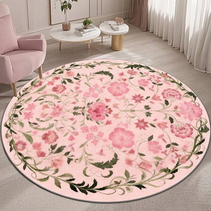Pink Floral Pattern Round Area Rugs For Living Room Circle Rugs Machine Washable Low Pile Chenille Non Slip Vintage Rug For Bedroom Dining Room Home Office St Paddy Spring Green - Nhiều màu - Xem 1