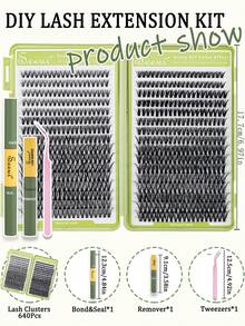 640pcs False Eyelashes Set, DIY Segmented False Lashes, With Bond&Seal,Remover, Tweezers, Lightweight & Reusable, Large Capacity Individual Lashes Set, Soft & Natural Lashes, Create 3D Dimensional Eye Makeup, For Home DIY, Travel, Daily Commute, Evening Party, Wedding Bride Makeup, Etc. - Black - View 2