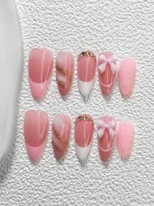 10Pcs Blending French Style Handmade Press On Nail,Polygel Nail Set,Light Pink 3D Bow,Diamond,Pink,White Nail Polish,Romantic Summer Style,Includes Nail Tools,3 Sizes Available,Almond,Duck,Coffin Nails For Party,Dance,Daily Wear. - 彩色 - 查看 3