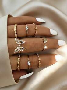 波西米亚复古全钻叠戴戒指套装，女士珠宝，订婚、结婚和情人节礼物 - 蝴蝶型 - 查看 2