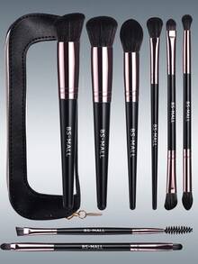 BS-MALL 8pcs Beginner Portable Black Makeup Brush Set With Black Triangle Pouch, Blush Brush & Eyeshadow Brush Set, Soft & Shedding-Free - Black - View 1