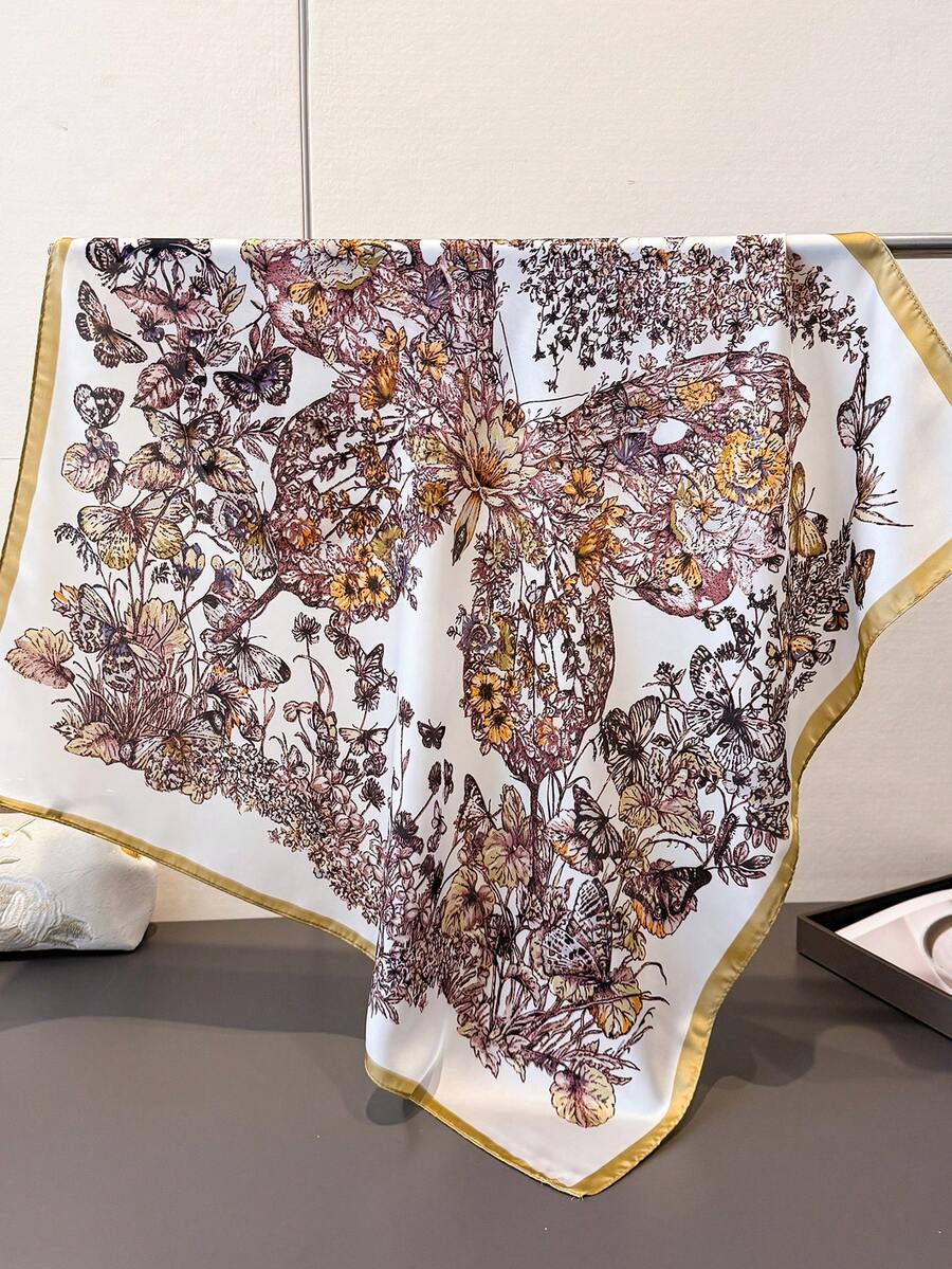 1条蝴蝶花卉图案仿丝缎围巾，多功能头巾/颈巾，适合女性旅行、度假、日常通勤 - FG369-3 白色 - 查看 1