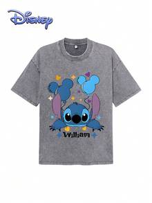 Disney Stitch T-Shirt für Damen, 100% Baumwolle, Weite Passform, Kurzarm mit Grafikdruck, hochwertige Verarbeitung, bequem und atmungsaktiv, ideal für Freizeit und Urlaub - Grau - Übersicht 2