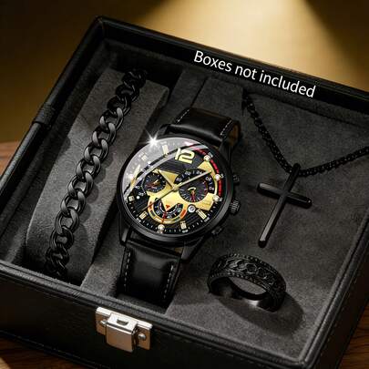 4pcs Men's Fashion Quartz Watch Set With Date Function, Pendant Necklace, Ring And Bracelet - Ideal Gift For Men