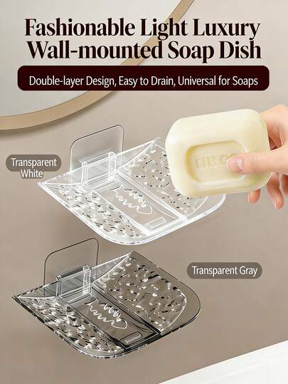 Khay đựng xà phòng treo tường không cần khoan, thiết kế hai lớp thoát nước, chất liệu PET trong suốt cao cấp, có lỗ thoát nước và khay hứng nước, lắp đặt không cần keo dán, dễ dàng tháo lắp và vệ sinh, phù hợp với mọi kích cỡ xà phòng, dùng cho bồn rửa nhà tắm, nhà bếp.