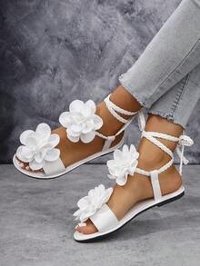 女款細帶編織貼花平底涼鞋，優雅波希米亞休閒風，PU貼花設計，適合海灘、婚禮、派對、辦公室、居家，夏季穿著 - 白色 - 查看 5