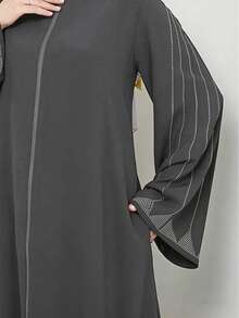 Elegant Rhinestone Embellished Long Sleeve Loose Solid Color Dress, Middle Eastern Arabic Style Spring - Grey - View 4