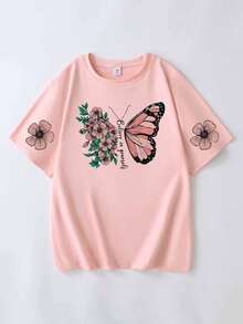 Women's Short Sleeve Bow Creative Pattern Print T-Shirt, Suitable For Creating Cute Girl Style In Summer - Pink - View 2