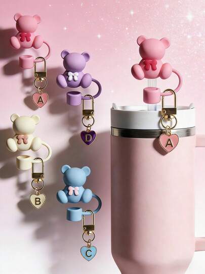 2 piezas Tapa de pajita con oso y colgante con letra en forma de corazón, tapa de pajita de silicona linda con oso, colgante con letra del abecedario en forma de corazón, decoración perfecta para tu botella de agua, accesorio ideal para botellas