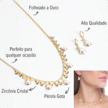 Gold Earring And Necklace With Pearl Drop And Round Zirconia - pha lê - Xem 5