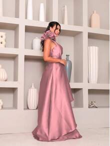 Elegant Women's Long Dress With Flower Detail - Bridesmaid - 乾枯玫瑰色 - 查看 2